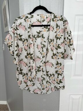 DNA Couture White Floral Blouse with Green and Pink Accents